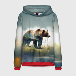 Толстовка-худи мужская Минималистичный пейзаж с медведем акварель, цвет: 3D-красный