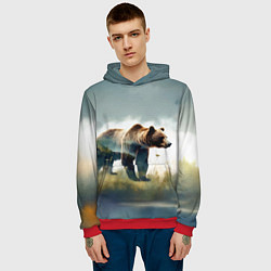 Толстовка-худи мужская Минималистичный пейзаж с медведем акварель, цвет: 3D-красный — фото 2