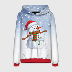 Толстовка-худи мужская Весёлый снеговик в колпаке, цвет: 3D-красный