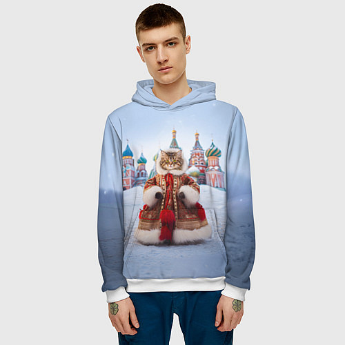 Мужская толстовка Новогодняя кошечка в пальто / 3D-Белый – фото 3