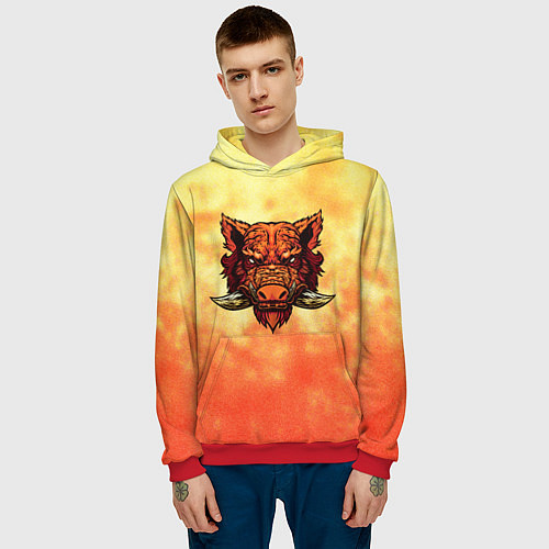 Мужская толстовка Огненный дикий кабан на фоне пламени / 3D-Красный – фото 3