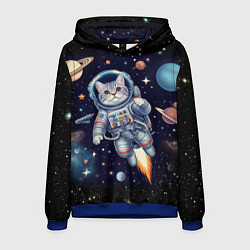 Толстовка-худи мужская Крутой котик в открытом космосе - нейросеть, цвет: 3D-синий