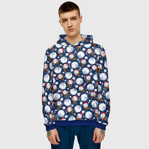 Мужская толстовка Весёлые снеговики - паттерн / 3D-Синий – фото 3