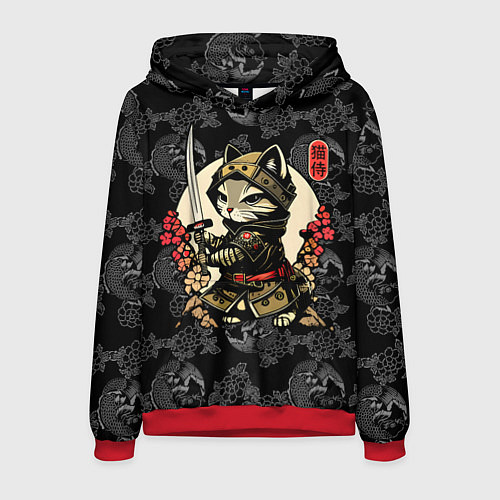 Мужская толстовка Кот - японский самурай / 3D-Красный – фото 1