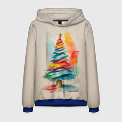 Толстовка-худи мужская Новогодняя ель акварелью на холсте, цвет: 3D-синий