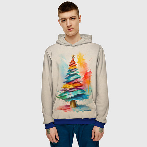 Мужская толстовка Новогодняя ель акварелью на холсте / 3D-Синий – фото 3