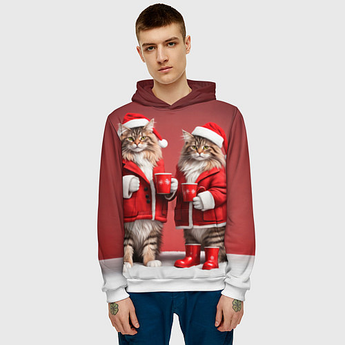 Мужская толстовка С новым котом - два кота в костюмах Санты / 3D-Белый – фото 3