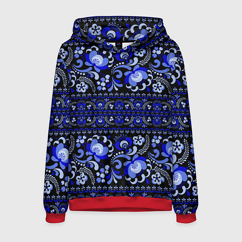 Мужская толстовка Новогодняя гжельская роспись цветами на чёрном фон / 3D-Красный – фото 1