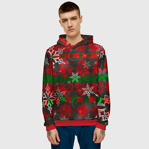 Мужская толстовка Рождественские узоры ёлки и снежинки / 3D-Красный – фото 3