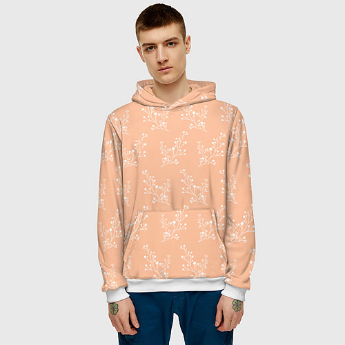 Мужская толстовка Белые ветки на персиковом фоне / 3D-Белый – фото 3