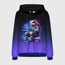 Толстовка-худи мужская Капибара в виртуальном шлеме - киберпанк, цвет: 3D-синий