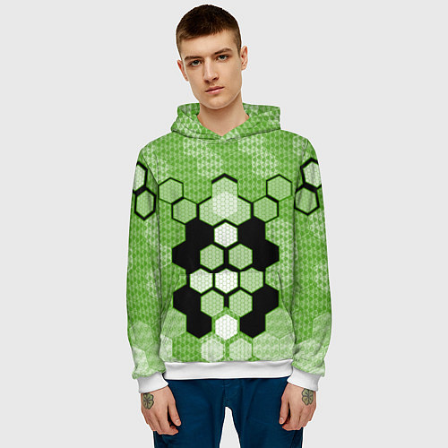 Мужская толстовка Зелёная кибер броня hexagons / 3D-Белый – фото 3
