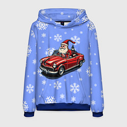 Толстовка-худи мужская Дед Мороз едет на машине, цвет: 3D-синий