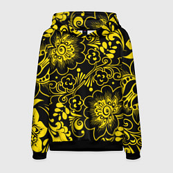 Толстовка-худи мужская Хохломская роспись золотые цветы на чёроном фоне, цвет: 3D-черный