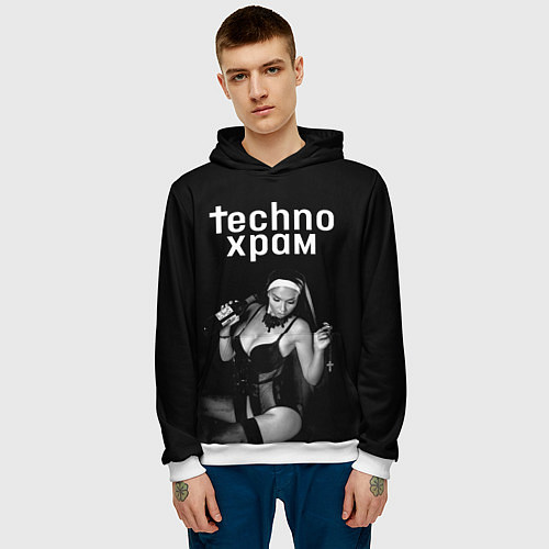 Мужская толстовка Techno храм монашка с бутылкой / 3D-Белый – фото 3