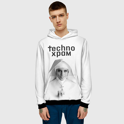 Мужская толстовка Techno храм монашка улыбается / 3D-Черный – фото 3