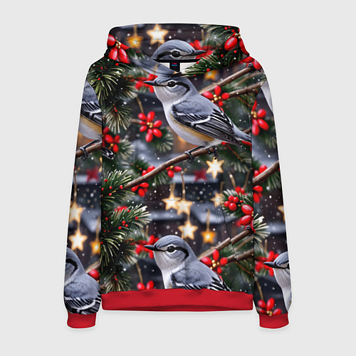 Мужская толстовка Рождественская птица пересмешник / 3D-Красный – фото 1
