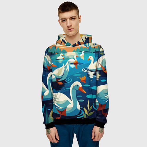 Мужская толстовка Гуси лебеди вода / 3D-Черный – фото 3
