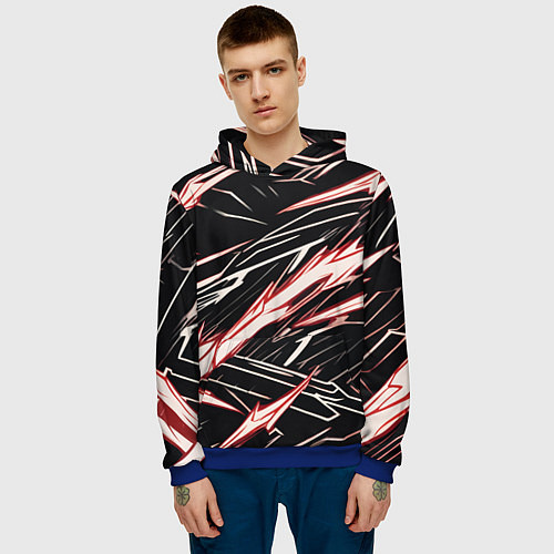 Мужская толстовка Красные и белые полосы на чёрном фоне / 3D-Синий – фото 3