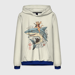Толстовка-худи мужская Кот якудза верхом на акуле, цвет: 3D-синий
