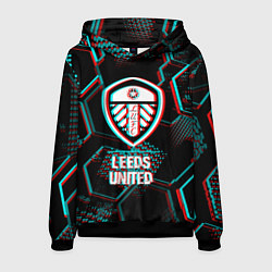 Толстовка-худи мужская Leeds United FC в стиле glitch на темном фоне, цвет: 3D-черный