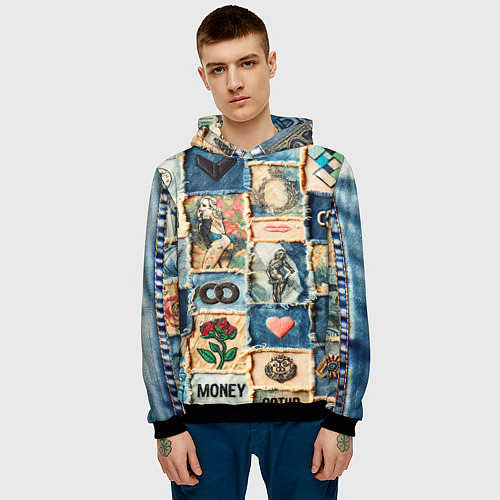 Мужская толстовка Баксы и девушки на дениме - пэчворк / 3D-Черный – фото 3