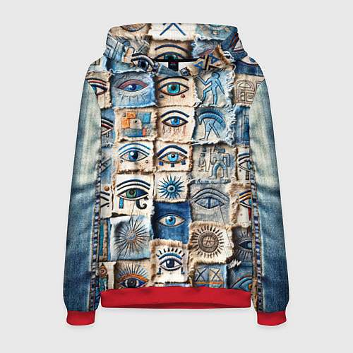 Мужская толстовка Глаза на пэчворк дениме / 3D-Красный – фото 1