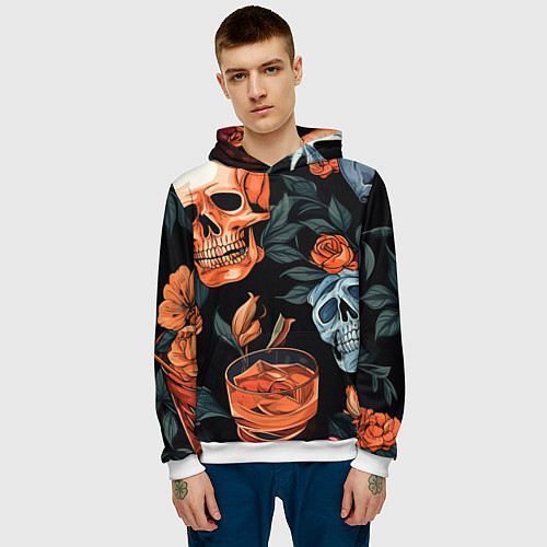 Мужская толстовка Кусты черепов с розами и пионами / 3D-Белый – фото 3