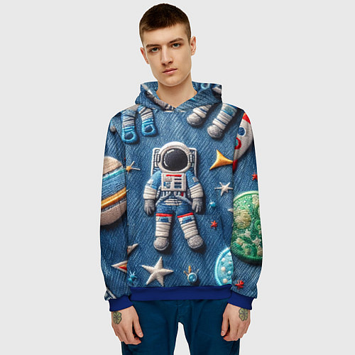 Мужская толстовка Космонавт - вышивка по джинсе нейросеть / 3D-Синий – фото 3