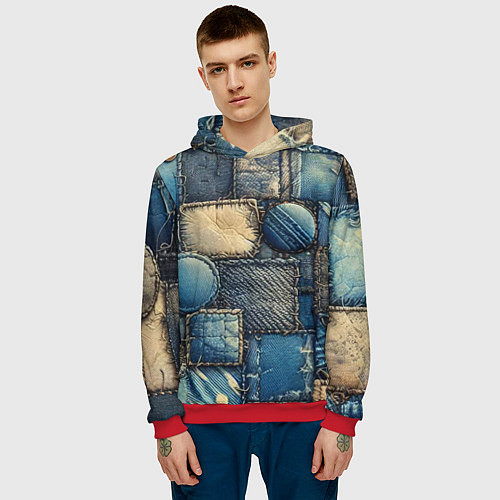 Мужская толстовка Denim patchwork - ai art / 3D-Красный – фото 3