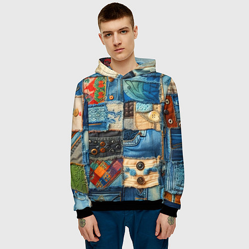 Мужская толстовка Vanguard denim patchwork - ai art / 3D-Черный – фото 3