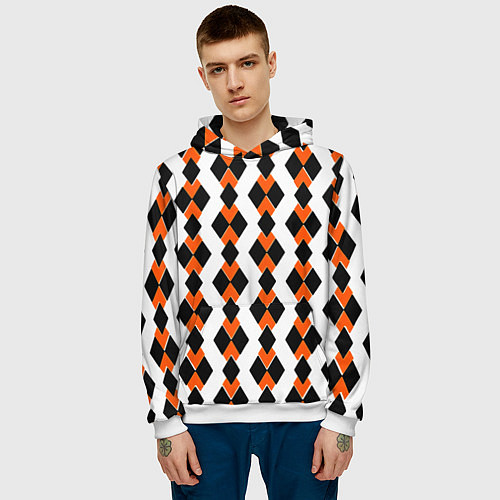 Мужская толстовка Чёрные и оранжевые ромбы на белом фоне / 3D-Белый – фото 3