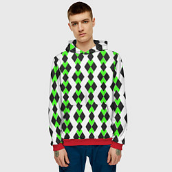 Толстовка-худи мужская Чёрные и зелёные ромбы на белом фоне, цвет: 3D-красный — фото 2