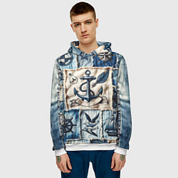 Толстовка-худи мужская Пэчворк с якорем - джинсовка моряка, цвет: 3D-белый — фото 2
