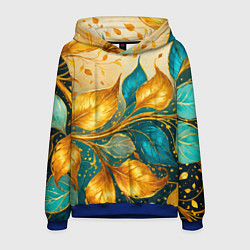 Толстовка-худи мужская Листья абстрактные золото и бирюза, цвет: 3D-синий