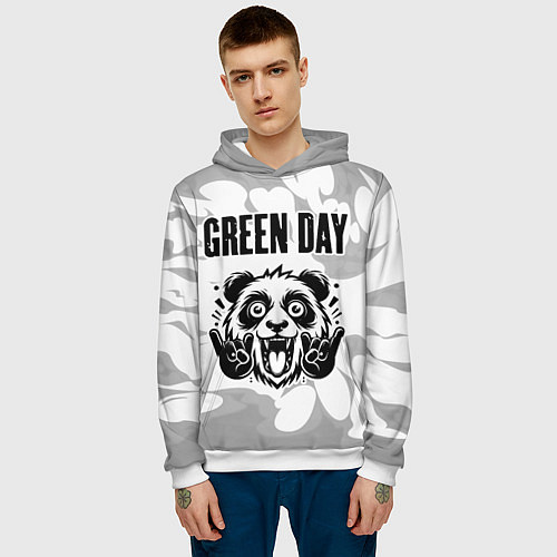 Мужская толстовка Green Day рок панда на светлом фоне / 3D-Белый – фото 3