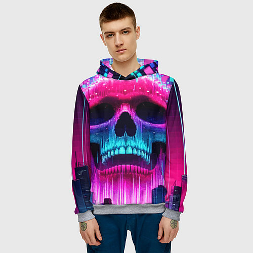 Мужская толстовка Pixel skull blast brain - cyber city ai art / 3D-Меланж – фото 3