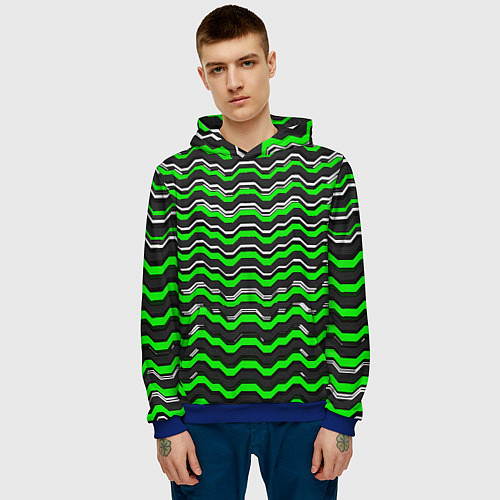 Мужская толстовка Белые и зелёные полосы на чёрном фоне / 3D-Синий – фото 3