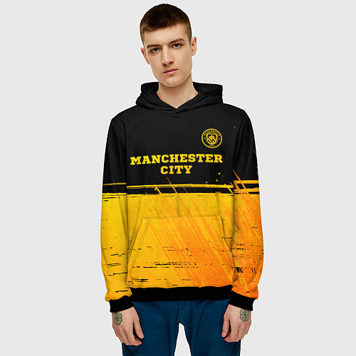 Мужская толстовка Manchester City - gold gradient посередине / 3D-Черный – фото 3