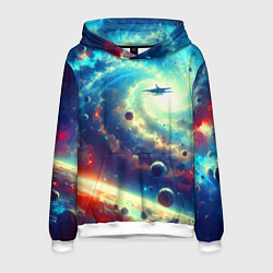 Толстовка-худи мужская Полёт к далёкой галактике - нейросеть, цвет: 3D-белый
