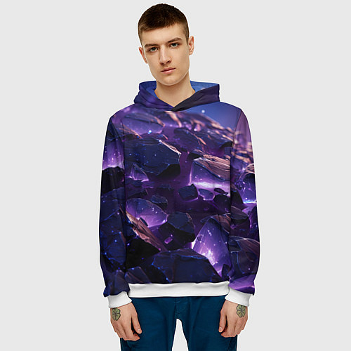 Мужская толстовка Фиолетовые неоновые камни со светом / 3D-Белый – фото 3