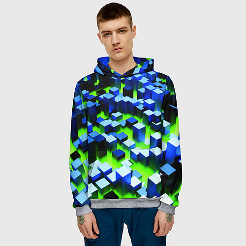 Мужская толстовка Синие блоки в зеленом тумане / 3D-Меланж – фото 3