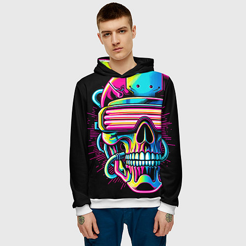 Мужская толстовка Cyber skull - ai art neon / 3D-Белый – фото 3