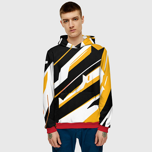 Мужская толстовка Жёлто-белые широкие линии на чёрном фоне / 3D-Красный – фото 3
