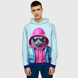 Толстовка-худи мужская Кот в капюшоне и очках, цвет: 3D-синий — фото 2