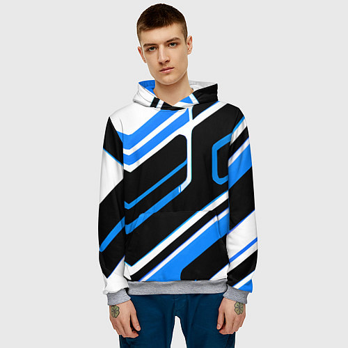 Мужская толстовка Бело-синие линии на чёрном фоне / 3D-Меланж – фото 3