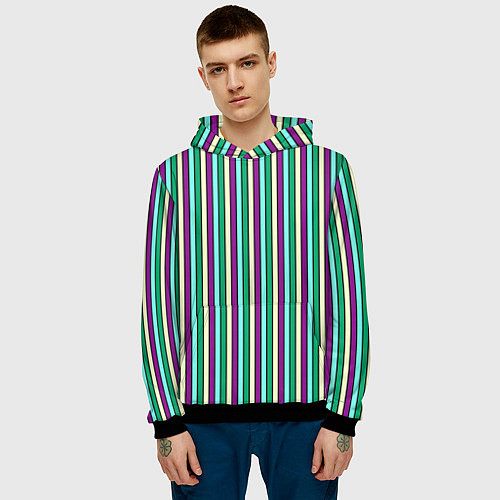 Мужская толстовка Фиолетово-зелёный полосатый / 3D-Черный – фото 3