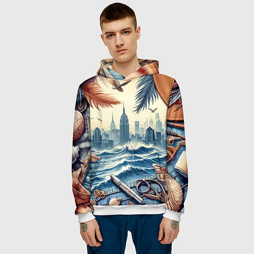 Мужская толстовка Коллаж с видом Нью-Йорка - нейросеть / 3D-Белый – фото 3