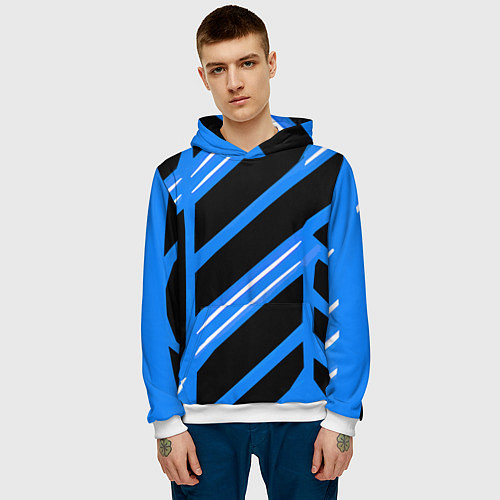 Мужская толстовка Black and white stripes on a blue background / 3D-Белый – фото 3