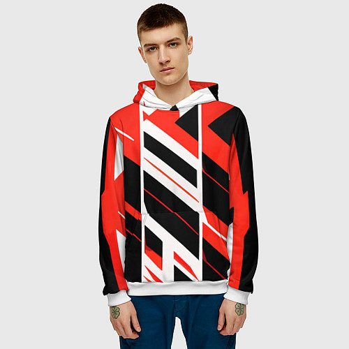 Мужская толстовка Black and red stripes on a white background / 3D-Белый – фото 3